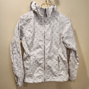 Eddie Bauer Women's Cloud Cap Rain Jacket in White  and gray pattern Size XS